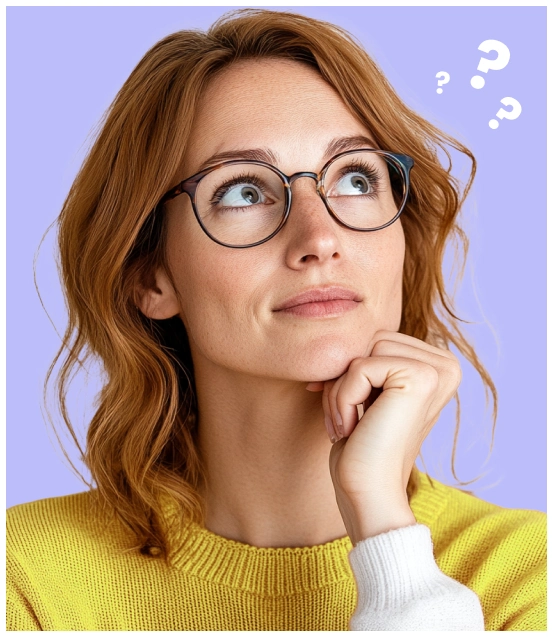 woman in yellow shirt with eyes looking up at cartoon question marks